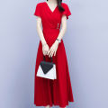 bellylady Women  Dress Fashion V-neck Short-sleeve Skirt Solid Color Waist-ing Long Skirt color. 