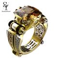 Sunny Mens Ring Vintage Jewelry Gift Copper Rhinestone Inlaid Carved Finger Ring for Daily Life. 