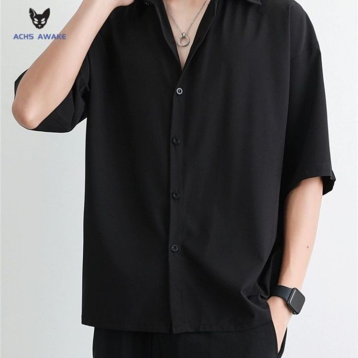 ACHS%20AWAKE%20Black%20Shirt%20Men's%20Short-Sleeved%20Summer%20Senior%20Pu%20Handsome%20Men's%20Casual%20Men's%20Clothing%20White%20Shirt%20Trendy%20Boys%20-%20Image%208