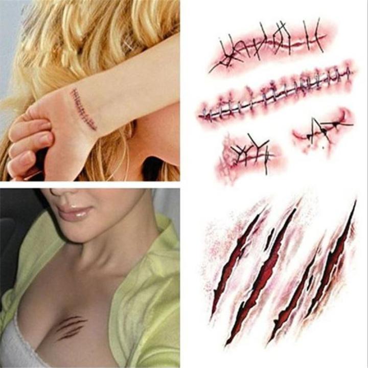 【Hottest Trends】RCtown Horror Realistic Fake Bloody Wound Stitch Scar Scab Waterproof Temporary Sticker Body Prank Makeup Props