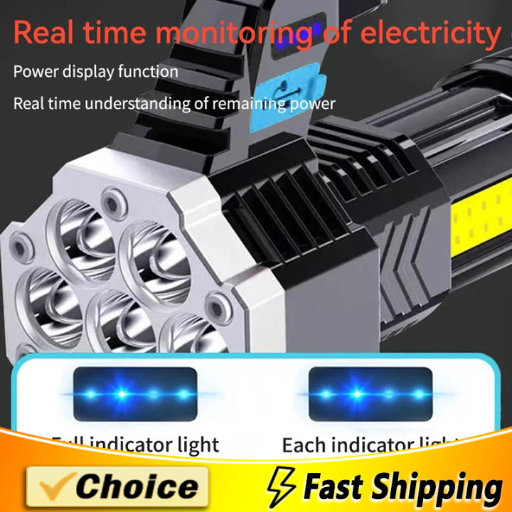 Portable 7 LED FlashLight COB Side Lights USB Rechargeable 4 Modes Torch With Power Display Outdoor Waterproof Emergency Lamp