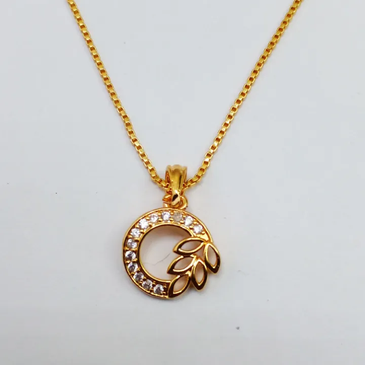 Gold Plated 1mm Box Chain With Round Shape Leef Design Pendant For ...