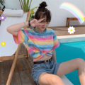 2023Summer New Korean Style Rainbow Striped Loose TopinsOnline Influencer Fashion Girl Short SleeveTT-shirt-. 