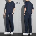 Ice Silk Sports Suit Men's Summer Thin Short-Sleeved T Shirt Quick-Drying Casual Long Pants Wear Half Sleeve Clothes Sets. 