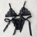 2 Pcs/Set Bra Panties Set Lace Uo Bow-knot See-through Lace V Neck Spaghetti Strap Three Point Pornographic Underwear Suit. 