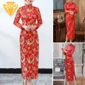 Semi-stand Collar Cheongsam Vintage Floral Print Chinese Qipao Cheongsam Maxi Dress Stand Collar Long S ve Ankle Length Traditional Style for Women Women Retro Cheongsam Dress. 