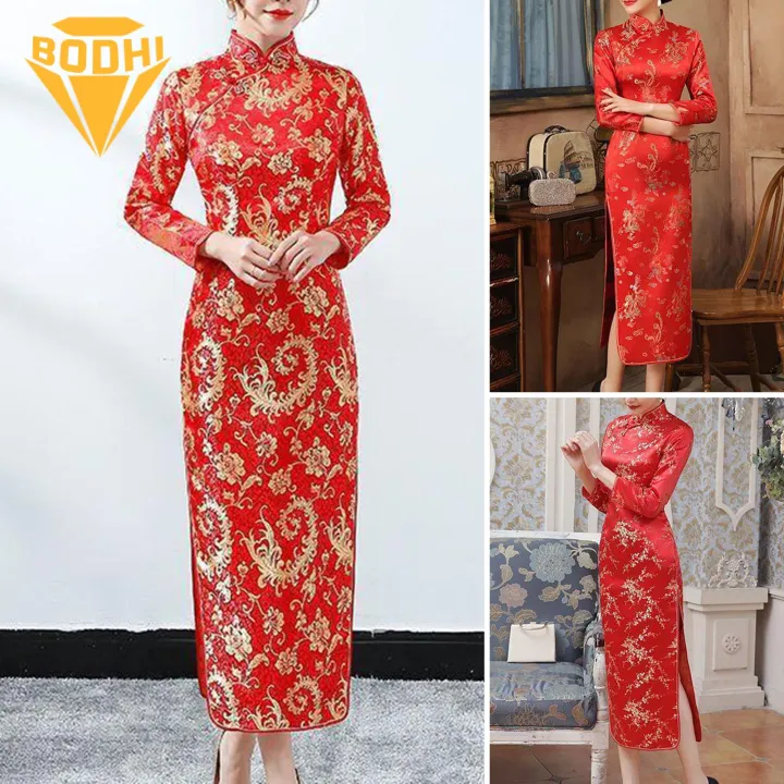 Semi-stand Collar Cheongsam Vintage Floral Print Chinese Qipao Cheongsam Maxi Dress Stand Collar Long S ve Ankle Length Traditional Style for Women Women Retro Cheongsam Dress