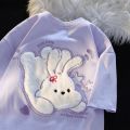 Cute Plush Rabbit Short Sleeve T Women's T-shirt ins Trendy Summer Design Sense Niche Loose Girlfriends Clothes Summer Pure Cotton Top. 
