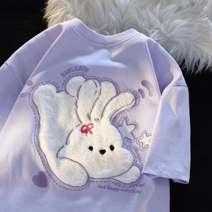 Cute%20Plush%20Rabbit%20Short%20Sleeve%20T%20Women's%20T-shirt%20ins%20Trendy%20Summer%20Design%20Sense%20Niche%20Loose%20Girlfriends%20Clothes%20Summer%20Pure%20Cotton%20Top%20-%20Image%202