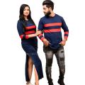 Navy Blue Red Two Line Long Sleeve Couple T shirt Maxi Dress | AS509. 