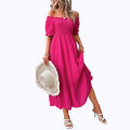 Yfashion Sexy Off Shoulder Dress For Women Summer Elegant Puff Short Sleeves Long Skirt Solid Color Ruffled Dress. 