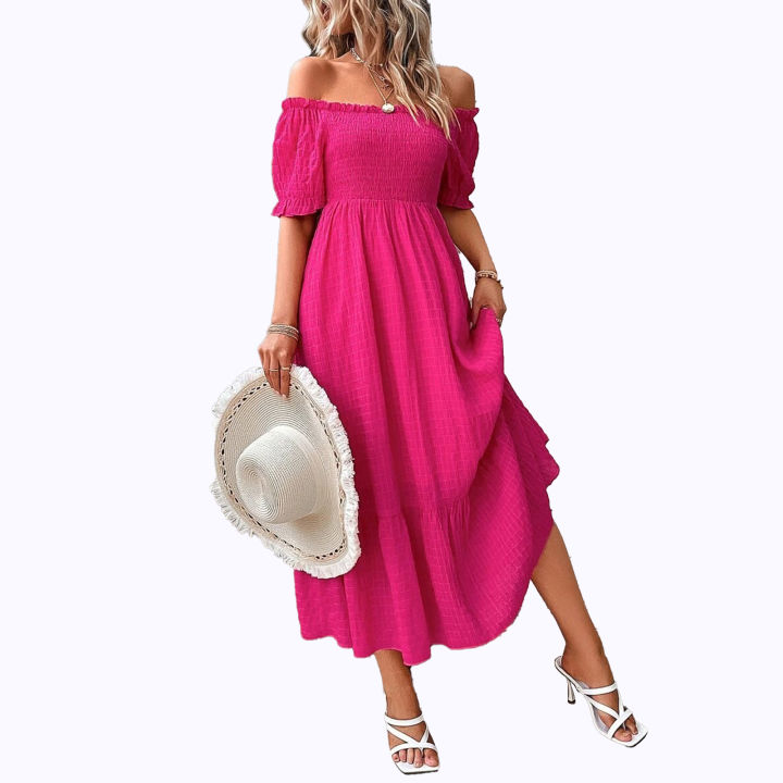 Yfashion%20Sexy%20Off%20Shoulder%20Dress%20For%20Women%20Summer%20Elegant%20Puff%20Short%20Sleeves%20Long%20Skirt%20Solid%20Color%20Ruffled%20Dress%20-%20Image%207