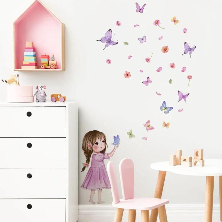 Wall Stickers Cute Girl Butterflies for Bedroom Removable Decals PVC ...