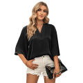 Yfashion Women Fashion Blouses Solid Color V Neck Half Sleeve Shirt Summer Stylish Loose Casual T-shirt Bottoming Top. 