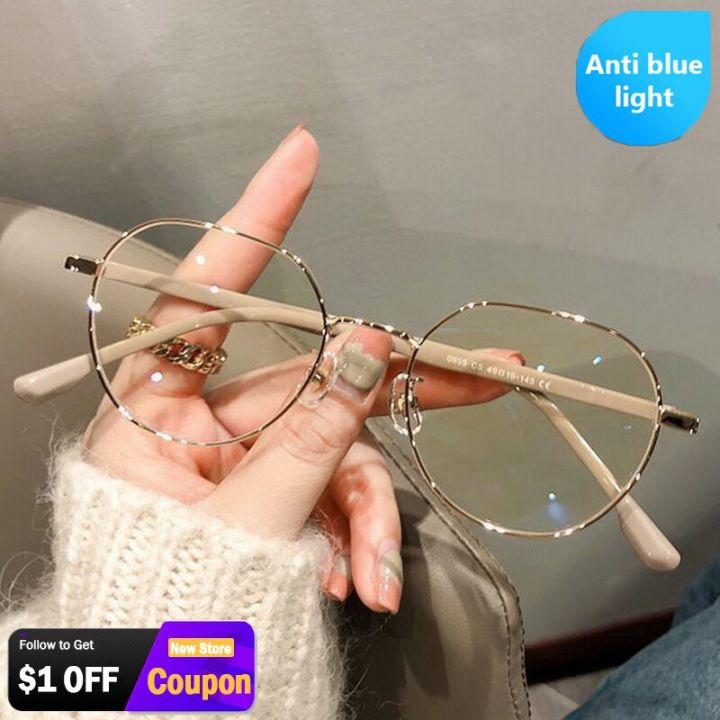 Korean Fashion Round Metal Frame Anti-Blue Light Glasses Women Girls Vintage Computer Gaming Eye Protection Plain Spectacles