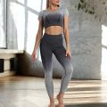 Yoga Clothes Two-Piece Suit Women's Gradient Tight Stretch Sports Top Short Sleeve Women's Hip Lifting Running Workout Outfit. 