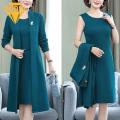 Comfortable Women Suit Spring Fall Women's Elegant Solid Color Long Cardigan Dress Suit Set for Middle-aged Ladies Sleeveless O Neck Open Front Coat Kit Women Dress Coat Suit. 
