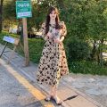 【WEJA】Women French Style Vintage Elegant Round Neck Puff Sleeve Loose Mid-lengh A-lineBlack Floral Dress. 