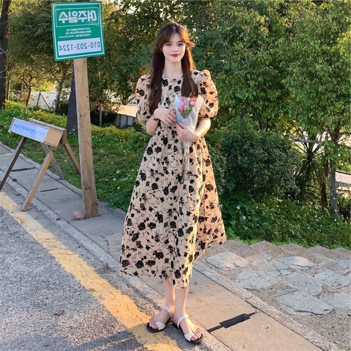 %E3%80%90WEJA%E3%80%91Women%20French%20Style%20Vintage%20Elegant%20Round%20Neck%20Puff%20Sleeve%20Loose%20Mid-lengh%20A-lineBlack%20Floral%20Dress%20-%20Image%203