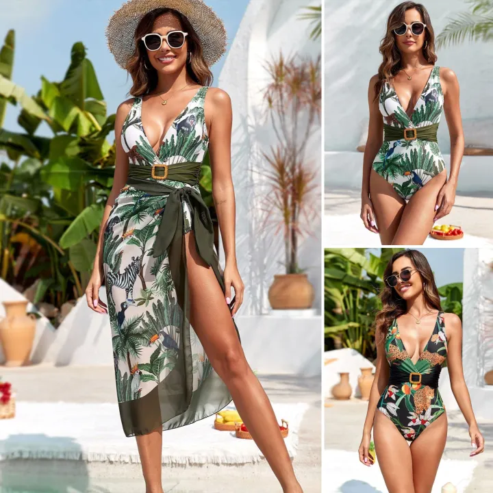 Monokini Skirt Set Floral Print Deep V Neck Swimsuit Set for Women 2 Pcs/set Beachwear with Lace-up Skirt Quick Dry High Waist Design Women One-piece Swimsuit