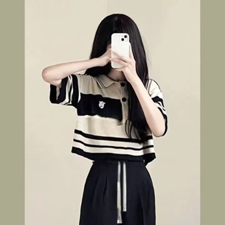 New%20Fashion%20Outfit%20Women's%20Summer%20Korean%20Style%20Loose%20Salt%20Wear%20StripedPoloCollar%20Top%20Wide%20Leg%20Pants%20Two-Piece%20Set%20-%20Image%207