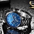 New Version Sapphire Blue Colour Dial Black Stainless Steel Luxury Men Watch Quartz Analog Business Chain Casual Wrist LIGEx Watches For Boys Gents Men Time_Zone LK. 