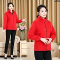 T- Raccoon Suit Mother Middle-Aged and Elderly Polar Fleece Jacket Women's Thin Top Spring and Autumn Leisure Velvet . Asparagus Myriocladus Wide College ‘. 