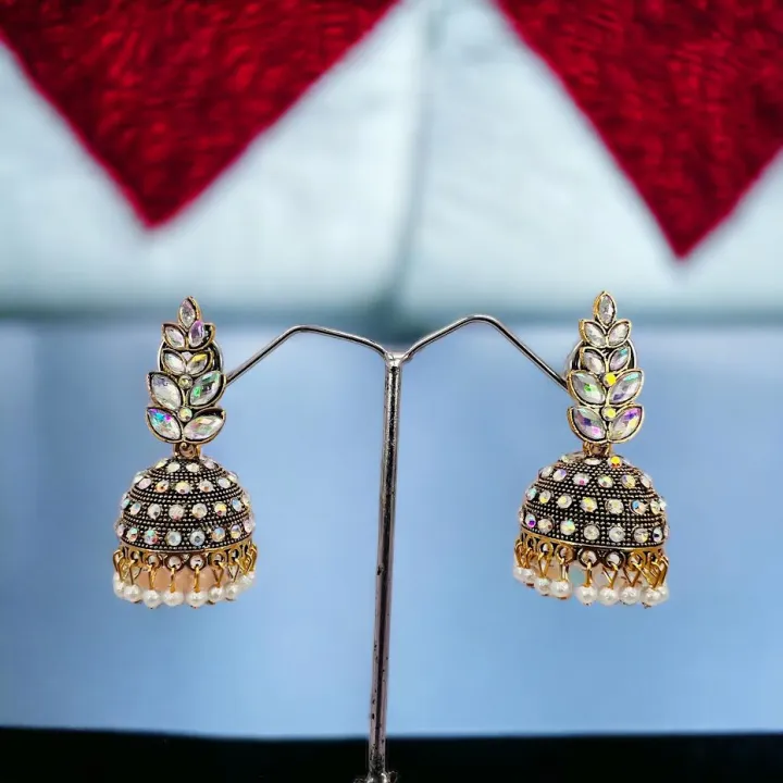 ESH%20Light%20gold%20Indian%20Vintage%20Bollywood%20dangle%20drop%20jhumka%20jimikki%20earring%20Trendy%20Leaf%20Design%20Pearl%20Drop%20&%20Multi%20Stone-Studded%20earring%20for%20women%20and%20girl%20-%20Image%204