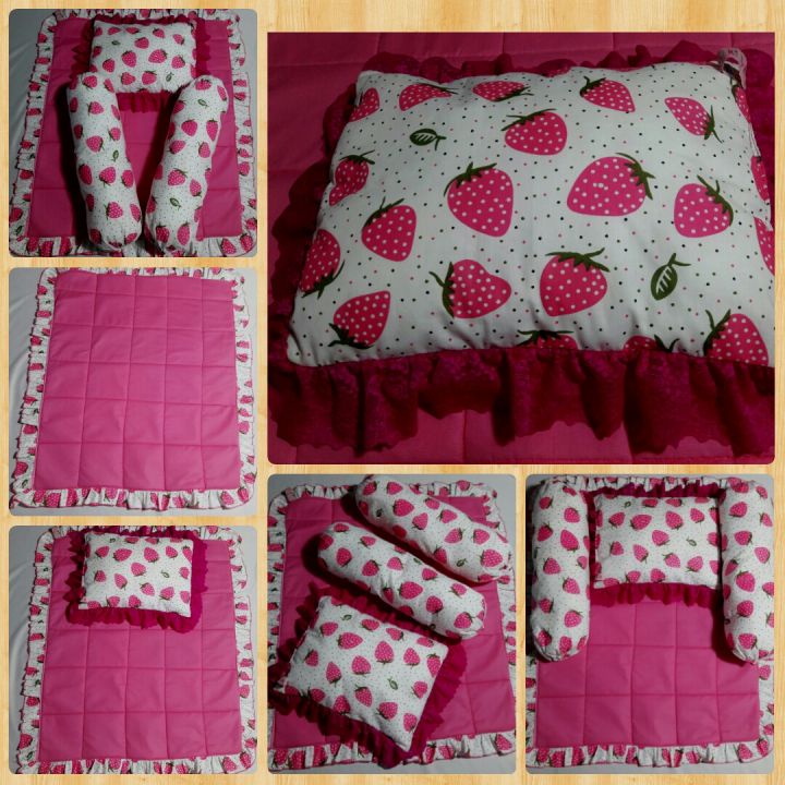 New Born Baby Pillow Sets with quilt pink cot sheet (two round side pillows, one mid pillow and quilt cot sheet in one pack)