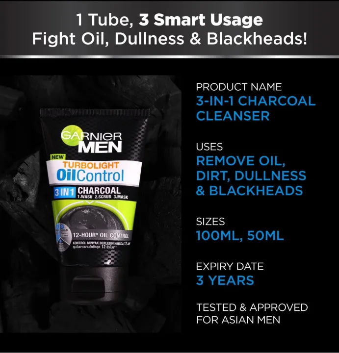GARNIERS%20MEN%20Turbolight%20Oil%20Control%203%20in%201%20Charcoal%20Wash,%20Scrub%20&%20Mask%20-%20100g%20-%20Image%205