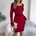 Trendygirl Women Mercerized Cotton Dress Women’s Long Sleeve Knit Bodycon Dress Square Neck Slim Fit Mini Sweater Dress with Buttons – Stylish Fall Casual Tight Dress for Ladies Slim Fit Hip-hugging Dress. 