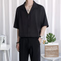 Shijitu Ice Silk Short Sleeve Shirt Men's Summer High-Grade Black ins Trendy Half Sleeve Loose Casual Simple Set. 
