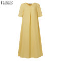【WEJA】Korean Style Women's Dresses Casual Short Sleeve V-Neck Loose Pleated A-Line Midi Sundress #8. 