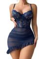 Yfashion Women's 2 Piece Lingerie Set Floral Lace Sheer Chemise Lingerie Ruffled Mini Babydoll Nightdress With Thong. 