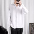 Ice Silk Shirt Men's Thin Hong Kong Style Ruffle Handsome High-Grade Draping Long Sleeve Jacket Loose Half Short Sleeve Pure Color All-Matching Shirt. 