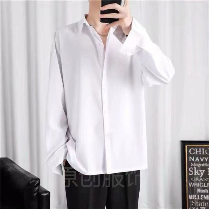Ice%20Silk%20Shirt%20Men's%20Thin%20Hong%20Kong%20Style%20Ruffle%20Handsome%20High-Grade%20Draping%20Long%20Sleeve%20Jacket%20Loose%20Half%20Short%20Sleeve%20Pure%20Color%20All-Matching%20Shirt%20-%20Image%202