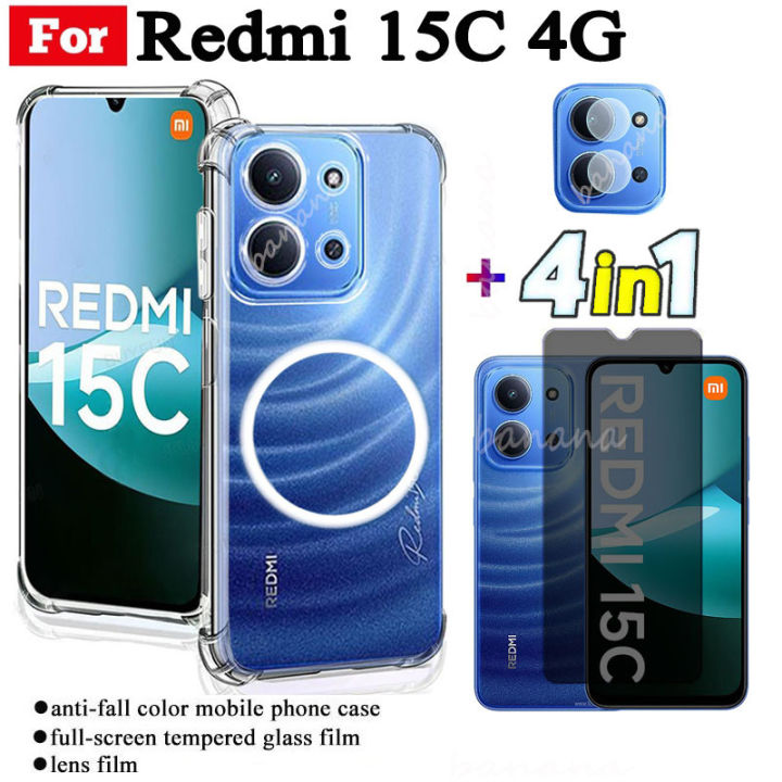 Redmi 15C Transparent TPU Shockproof Phone Case With Magnetic Wireless Charging Sticke for Redmi 15C 5G Redmi 14C Anti Spy Privacy Tempered Glass + Lens Film