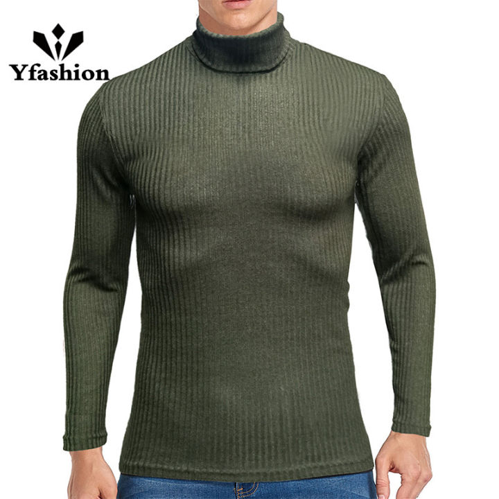 Yfashion Men Stretch T-shirts Turtleneck Long Sleeves Knit Tees Solid Color Casual Slim Fit Basic Shirt Tops