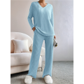 Womens Ribbed Knit 2 Piece Sets Long Sleeve Sweater and Wide Leg Pants Loungewear Pajamas Set. 