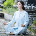 Cotton and Linen Yoga Clothes Suit Spring and Summer New Tai Ji Suit Morning Exercise Clothes Two-Piece Set Solid Color plus Size Loose Zen Tea Gown. 