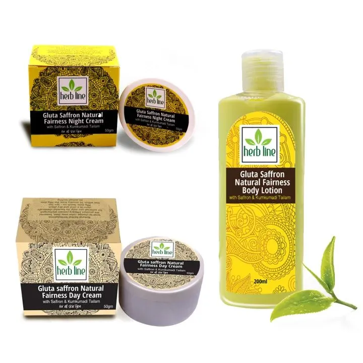 Herb Line Saffron Gluta Fairness Body Lotion - 200 Ml, Gluta Saffron Fairness Day Cream - 50 G, Gluta Saffron Fairness Night Cream - 50 G ( Hrebline )
