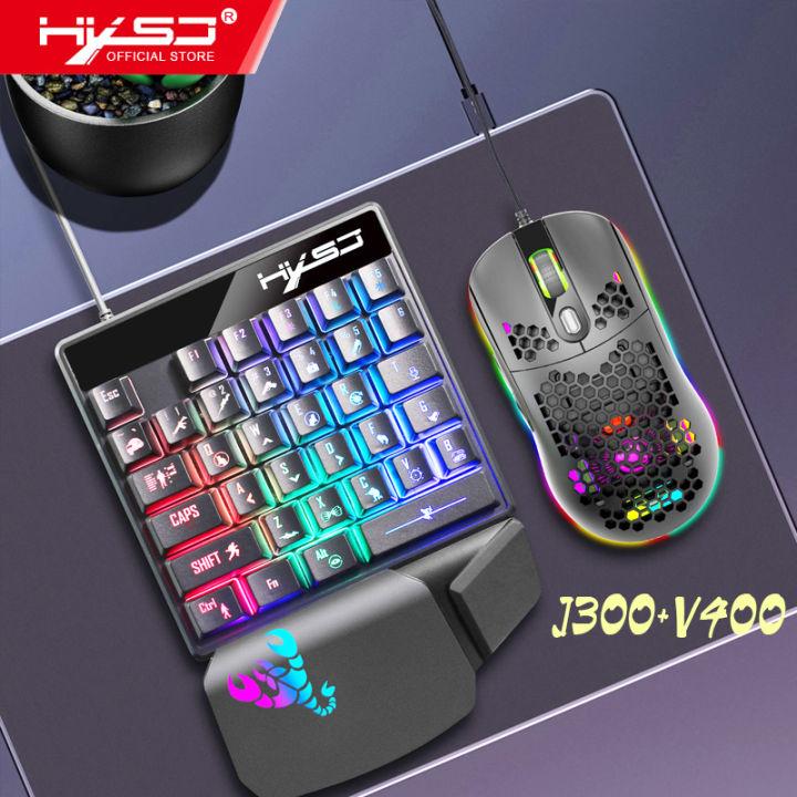 HXSJ J300+V400 Keyboard and Mouse Combo RGB Lighting Programmable Gaming Mouse & One-handed Game Keyboard for PC Laptop Desktop Gamer Officer