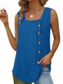 Trending Plain Pleated Top With Side Buttons Square Deep Neck, Sleeveless Blouse Single Jersey Cotton Fabric Tops Casual Fit Office Wear /Tshirt/ Blouse Navy Blue Colour For Women/ Ladies / Girls. 