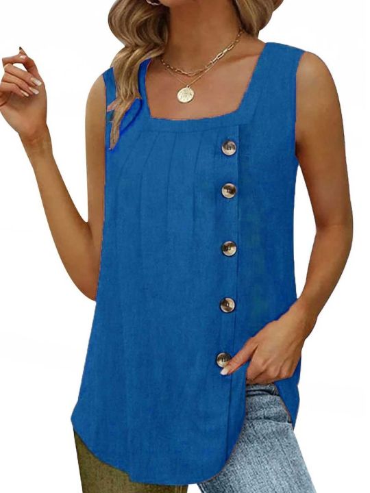 Trending%20Plain%20Pleated%20Top%20With%20Side%20Buttons%20Square%20Deep%20Neck,%20Sleeveless%20Blouse%20Single%20Jersey%20Cotton%20Fabric%20Tops%20Casual%20Fit%20Office%20Wear%20/Tshirt/%20Blouse%20Navy%20Blue%20Colour%20For%20Women/%20Ladies%20/%20Girls%20-%20Image%204