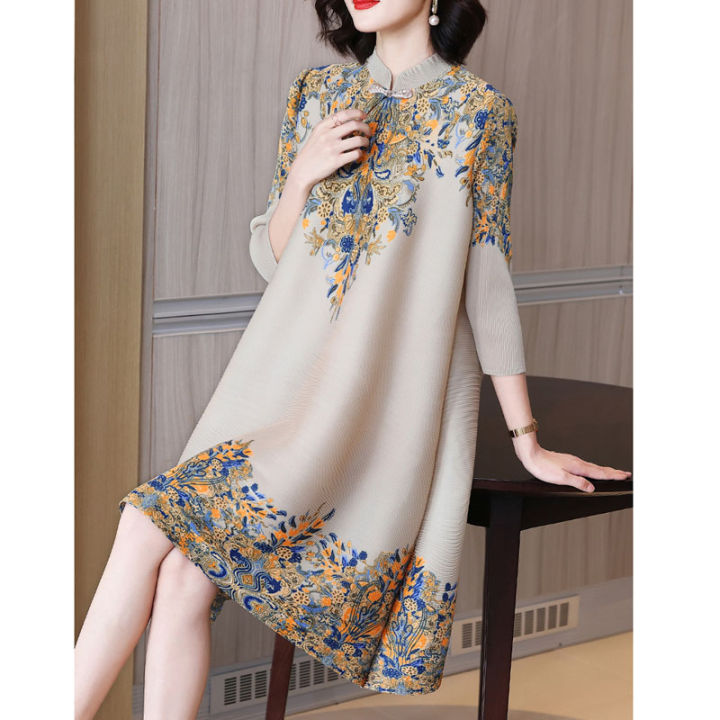 bellylady%20Women%20Cotton%20Improved%20Cheongsam%20Dress%20Vintage%20Printing%20Buckle%20Midi%20Skirt%20Loose%20Plus%20Size%20Chinese%20Style%20Stand%20Collar%20Dress%20-%20Image%203