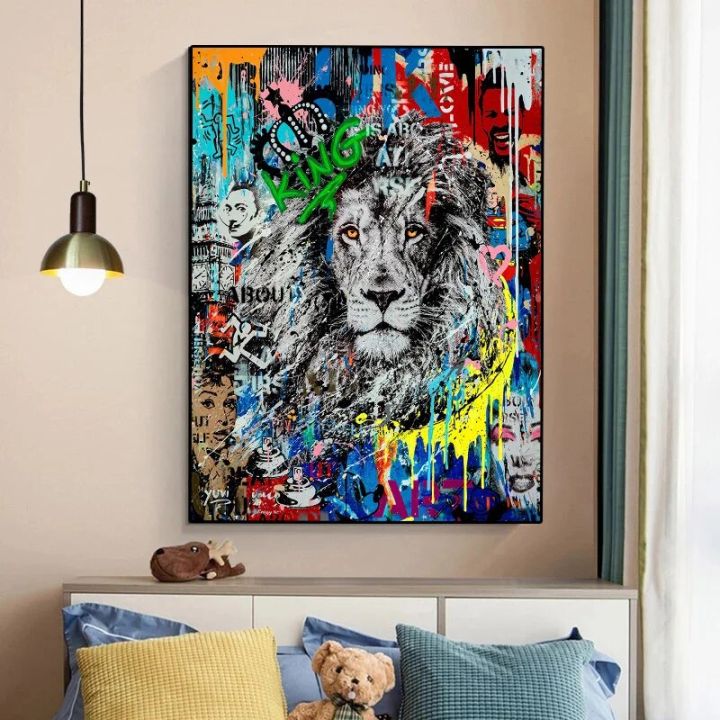 Abstract Lion Animal Graffiti Art Canvas Oil Painting Print Poster Pop Art Wall Picture for Living Room Home Decoration No Frame