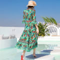 Printed Chiffon Dress All-Matching Women 2023 Summer New Bell Sleeve Ethnic Style Fashion High Quality Large Swing Skirt. 