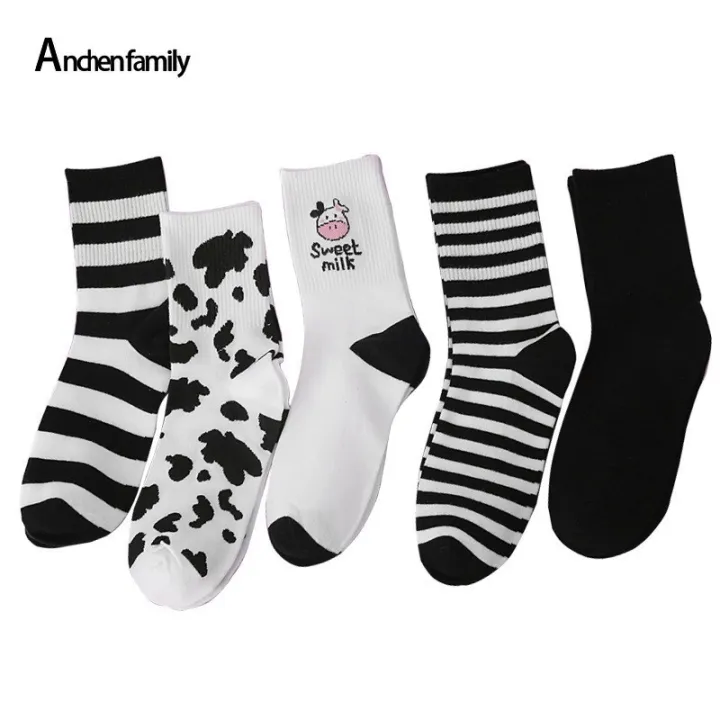 【a470ae32】2021 Lovely Harajuku Japanese Style Cotton Women Socks Striped Solid Casual Cartoon Cow Printed Socks