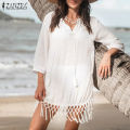 【FOOT SOFA】Womens Solid V-Neck 3/4 Sleeve Dress Holiday Beach Tassel Patchwork Mini Sundress #15. 