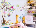 Colorful Flower And Green Leaves Tree Wall Sticker Cartoon Animals Wallpaper Home Decor For Kid's living Room Bedroom Wall Decal. 